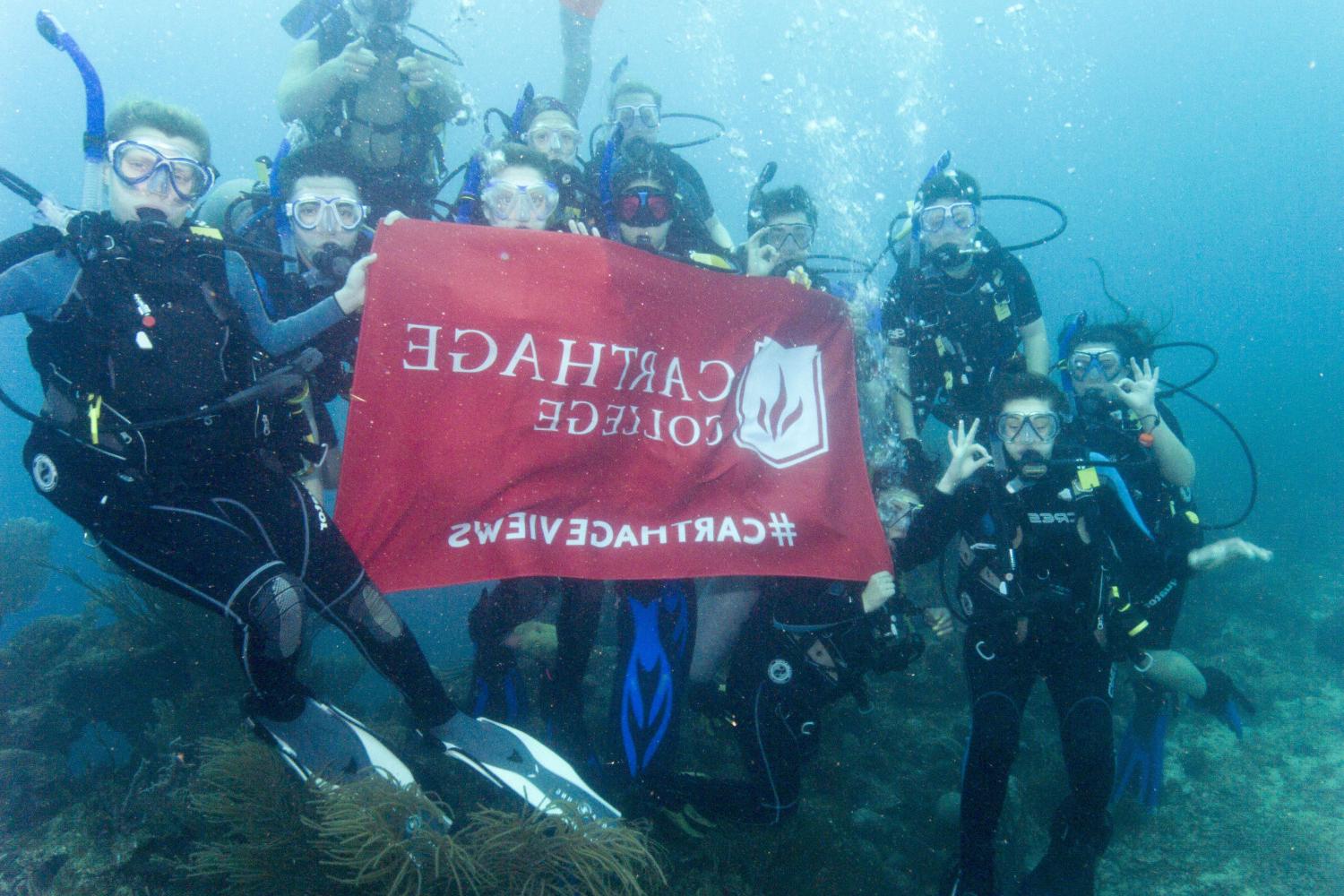 学生们手持<a href='http://gqqn.ngskmc-eis.net'>bv伟德ios下载</a>旗帜，在j学期洪都拉斯游学之旅中潜水.